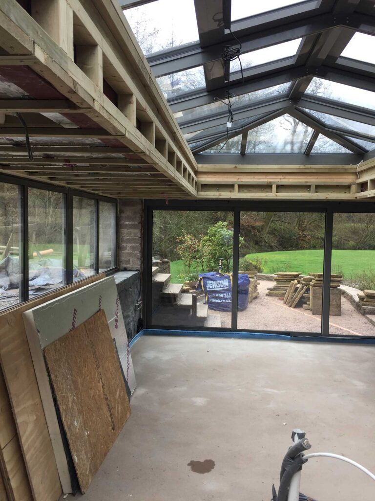 Kitchen orangery construction as part of a grade II Mill Renovation project