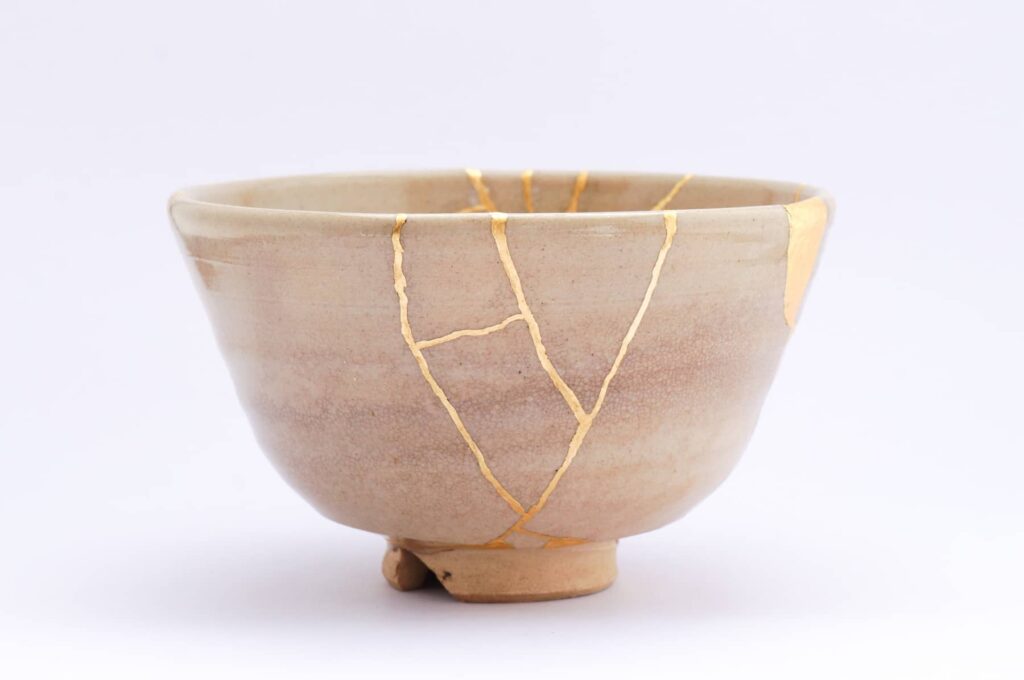 A beautiful example of the Wabi Sabi design practice of Kintsugi of a now repaired ceramic bowl