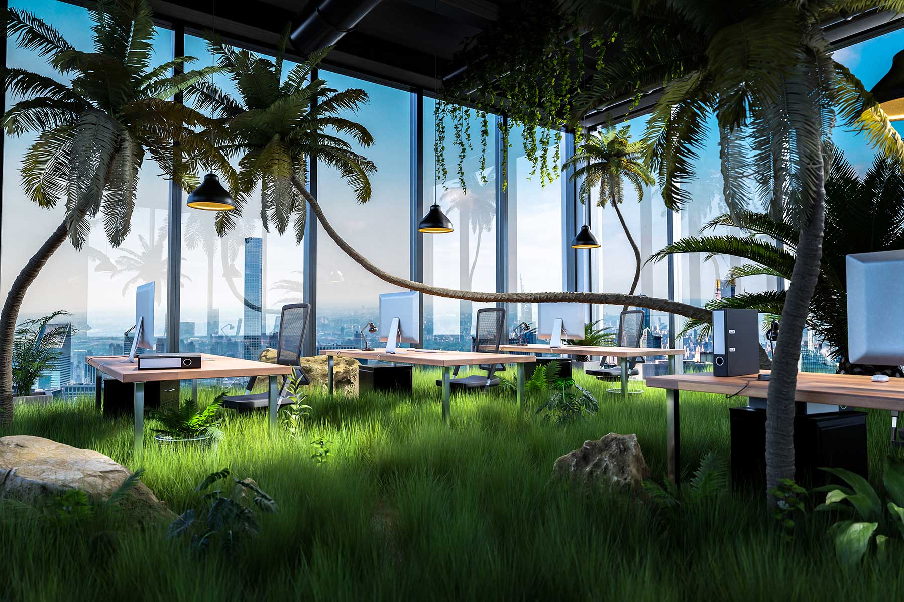 Employee wellbeing virtual designed office of office desks set in a jungle scape