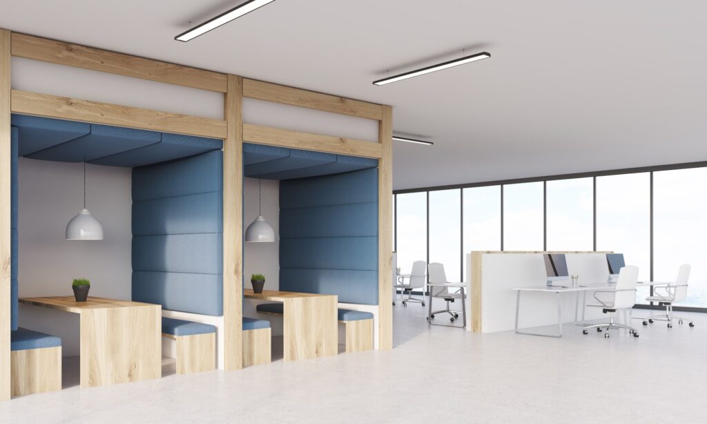 Employee wellbeing designed office showing a calming space with light and airy design