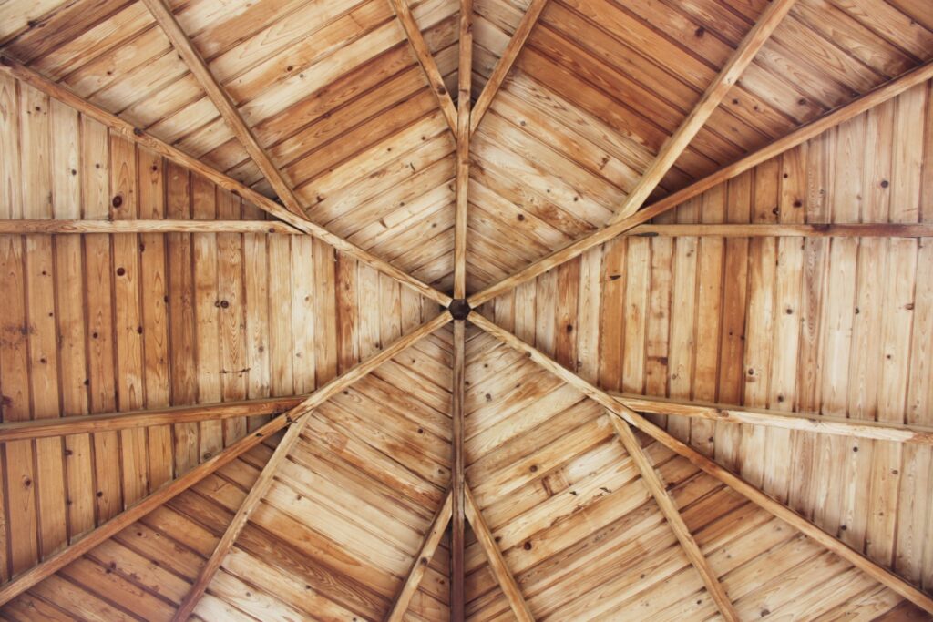 Hexagonal redwood clad ceiling