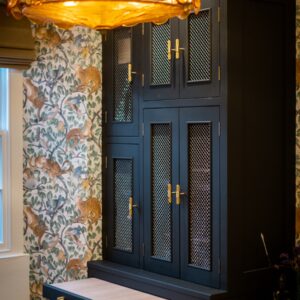 Close up on bespoke study furniture with juxtaposition metal handles