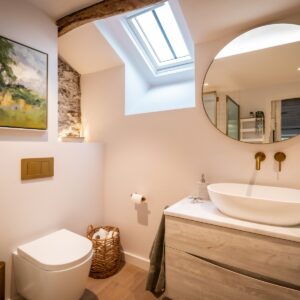 Biophilic designed ensuite bathroom with white sink and gold taps, white loo and velux