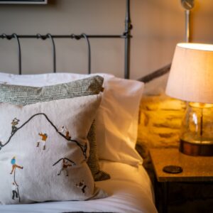 Close up of the bedroom cushions and bedside lamp in a bedroom