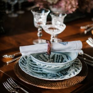 Close up of a formal place setting in a dining room