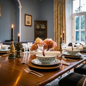Dining room renovation with rich deep colours, handmade furniture, formally set with a view outside