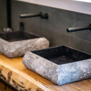 Close up of rock basins mounted on a spalted beech top
