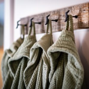 Close up of dressing gowns on hooks on a reclaimed wood mount