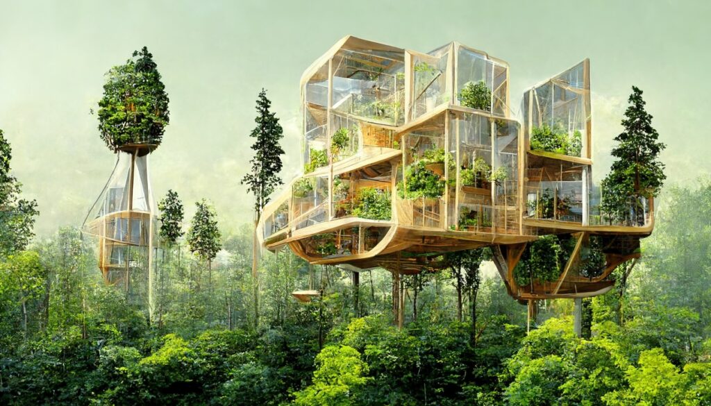Fantasy designed treehouse hotel perched in a forest