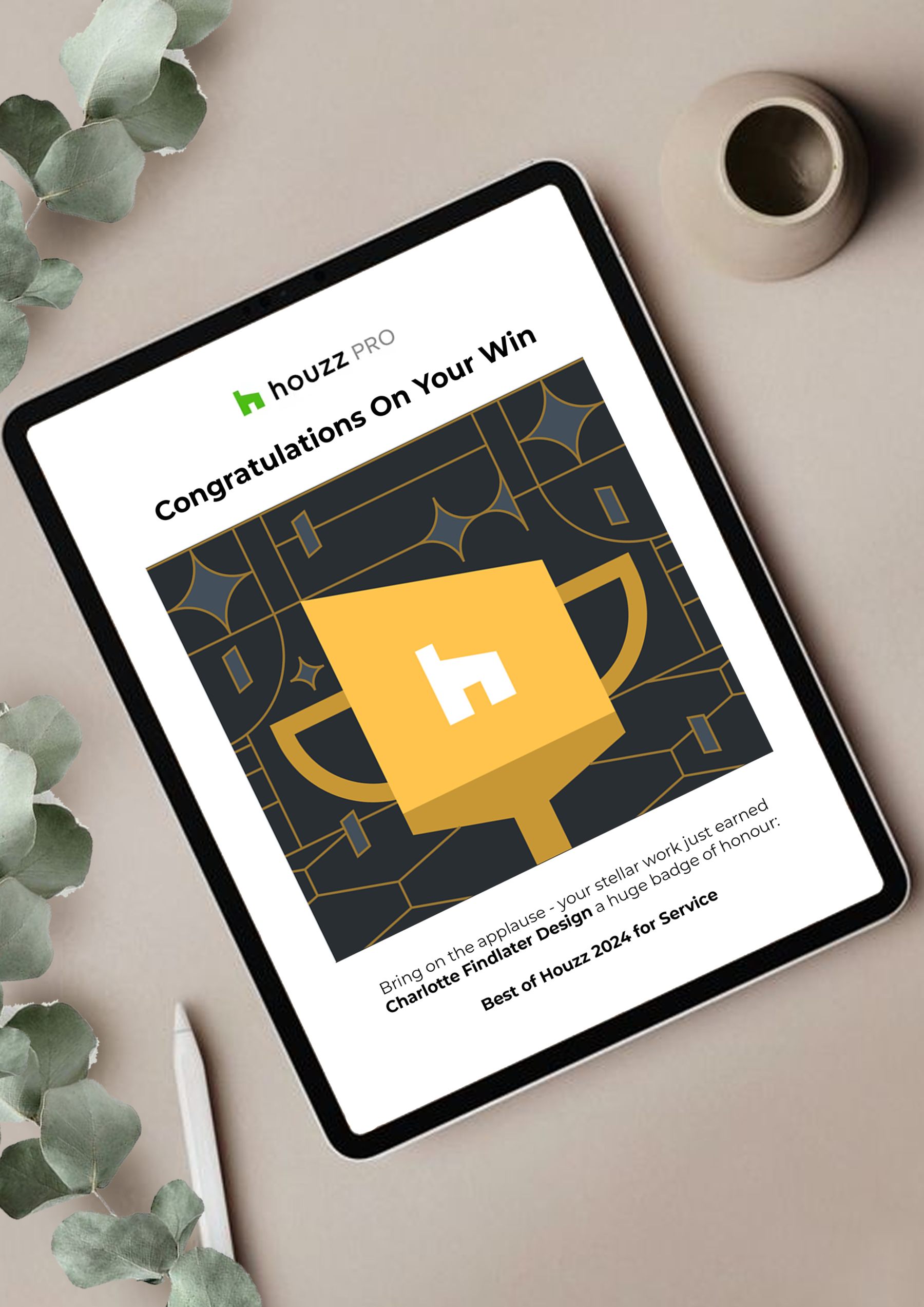 Charlotte Findlater Luxury Interior Designer Best of Houzz Award shown on an iPad screen