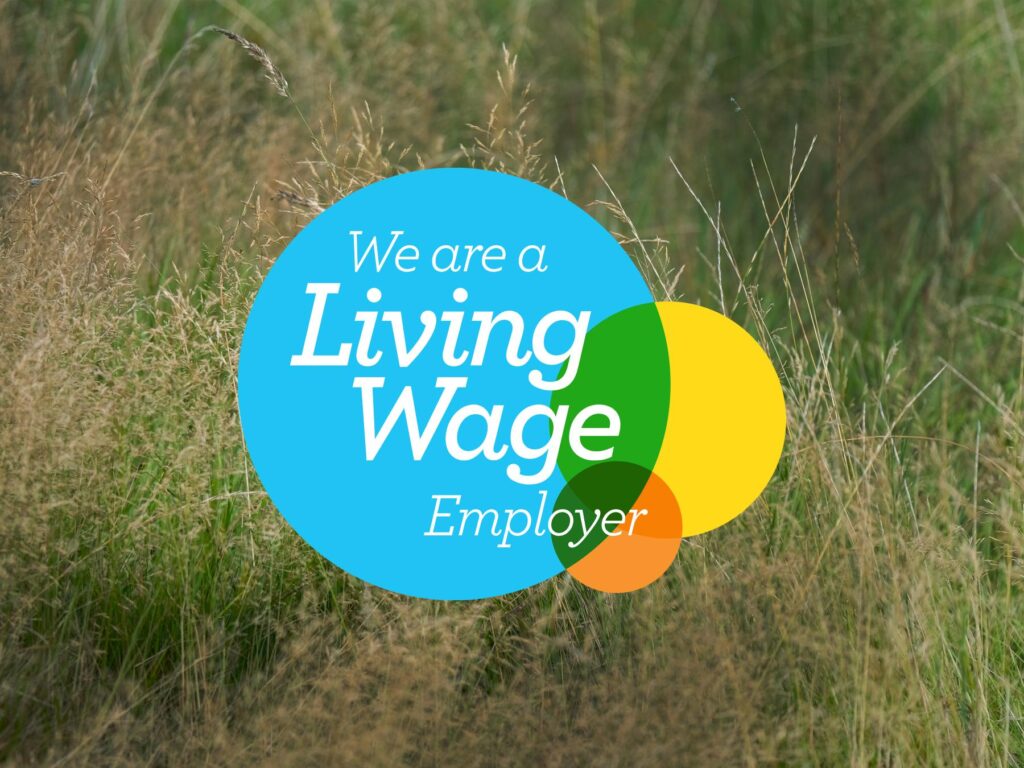 Living Wage Employer logo overlayed on wild grasses