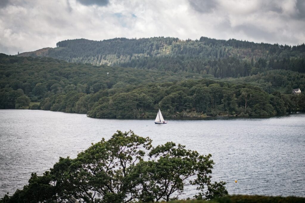 View over a lake, with a sail boat passing and a dense wood on the other side of the lake