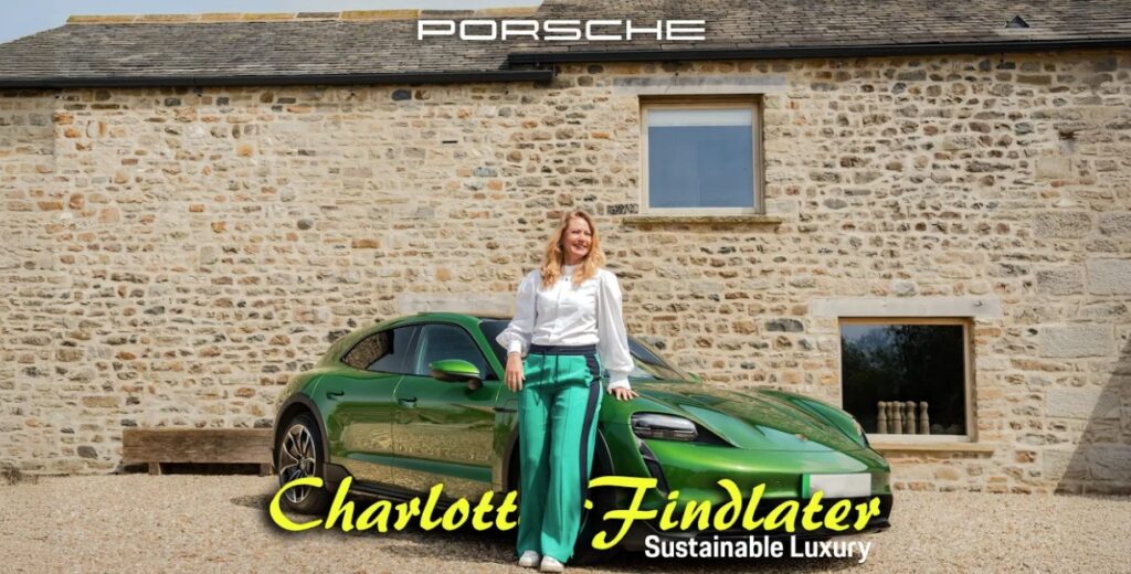 Charlotte Findlater standing in front on a mamba green Porsche Taycan