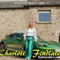 Charlotte Findlater standing in front on a mamba green Porsche Taycan