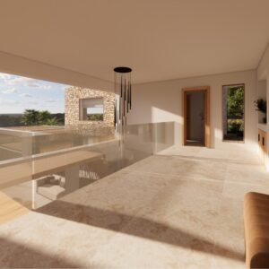 A render of a modern Menorcan Villa's external hallway