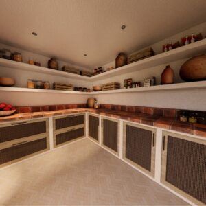 A render of a traditional Menorcan farmhouse pantry with closed cupboards and red brick worktops