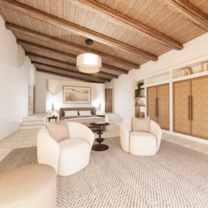 A render of a traditional Menorcan farmhouse bedroom with seating for 2 and a king size bed