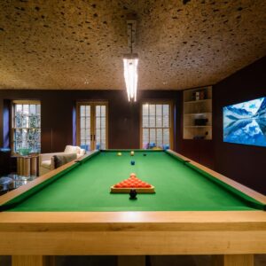 A luxury games room view across the custom pool table.