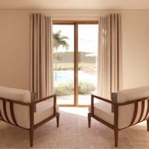 Neutral-toned 3D render of a Menorcan villa bedroom seating area with two wooden armchairs facing sliding glass doors, cream curtains, and a pool view with a palm tree.