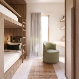 Sunlit 3D render of a Menorcan villa bunk room with built-in timber bunks and ladder, integrated shelving, a compact desk with floating shelves, green upholstered chair, woven-texture wardrobe fronts, and a tall window with sheer curtains.