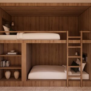 Warm 3D render of a Menorcan villa bunk room featuring built-in timber bunk beds with ladder, integrated shelving and reading lights, neutral bedding with green cushions, and a large window with sheer curtains.