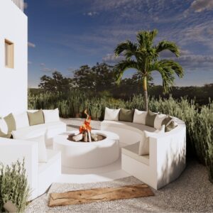 Sunlit 3D render of a Menorcan villa outdoor firepit lounge with curved built-in seating and neutral cushions around a central flame, framed by Mediterranean planting and a palm tree with open countryside views.