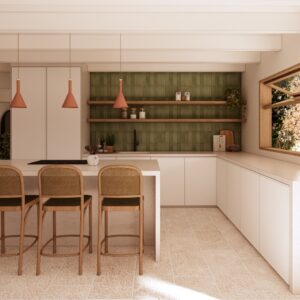 Warm 3D render of a Menorcan villa kitchen with a stone island and four woven bar stools, terracotta pendant lights, green tiled splashback with open timber shelves, white cabinetry, and a feature window with curtains overlooking Mediterranean planting.