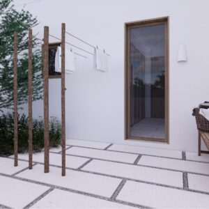 Calm 3D render of a Menorcan villa courtyard with pale stone pavers, timber posts with a clothesline, planted borders and outdoor lighting, a timber-framed glazed door, and a rustic bench with a laundry basket.