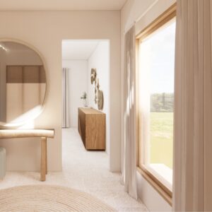 Soft, sunlit 3D render of a Menorcan villa dressing area with a curved timber vanity and round mirror, woven pouffe, neutral stone flooring, sheer curtains, and a large picture window looking out to the landscape.