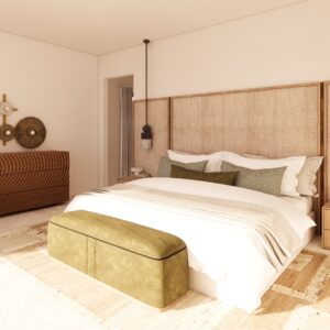 Atmospheric, sun-washed 3D render set within a Menorcan villa, showing a serene bedroom with a tall woven headboard, pendant bedside lights, crisp layered linens with olive accents, a moss-green bench on a textured rug, and a sculptural carved timber sideboard with wall-mounted artisan décor.