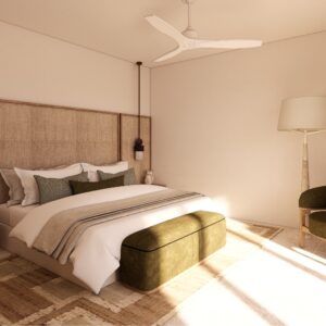 Atmospheric, sun-drenched 3D render set within a Menorcan villa, featuring a tranquil bedroom with a woven-panel headboard, sculptural pendant bedside lights, layered neutral linens with olive cushions, a moss-green upholstered bench, textured rug, ceiling fan, and a deep green lounge chair beside a soft floor lamp in golden afternoon light.