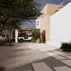 Sunlit 3D render set within a Menorcan villa, showing a gravel approach with stepping-stone pavers leading to a white-and-stone facade, a timber pergola carport with a vehicle beneath, and layered Mediterranean planting with trees casting dappled shade.