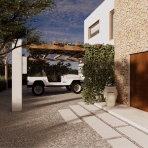 Sunlit 3D render set within a Menorcan villa, showing a gravel drive with pale stepping-stone pavers leading to a timber front door beside a traditional stone façade, with an ivy-clad wall and a timber pergola carport sheltering a white Jeep.