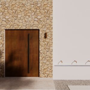 Sunlit 3D render set within a Menorcan villa, showing a warm timber front door framed by traditional stonework, flanked by wall sconces and terracotta urns, with a minimal white outdoor shower trough and bronze taps beside a smooth white façade.