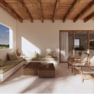 Sunlit 3D render set within a Menorcan villa, showing a shaded terrace lounge with exposed timber beams and slatted soffit, built-in white banquette seating with olive cushions, a low slatted timber coffee table, two timber lounge chairs with pale upholstery, and large glazed sliding doors opening to the interior.