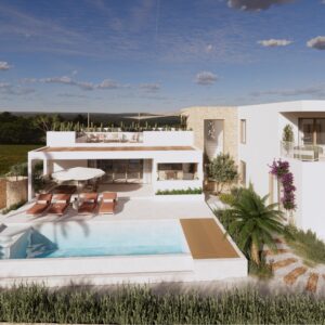 Daytime 3D render set within a Menorcan villa, showing a modern white-and-stone two-storey home with rooftop terrace seating, a pergola-shaded outdoor lounge and dining area, a large swimming pool with sun loungers, and a curved firepit seating nook, framed by Mediterranean planting and open countryside views.