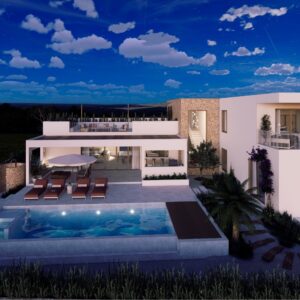 Night-time 3D render set within a Menorcan villa, showing a modern white-and-stone two-storey home with terraces, a lit swimming pool and sun loungers, warm interior glow through large glazing, rooftop seating, and a sunken outdoor firepit lounge under a starry blue sky.