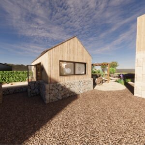 External render view of a home gym and sauna building, showing it nestled next to the vegetable garden and with a pagoda covered seating area to the side.