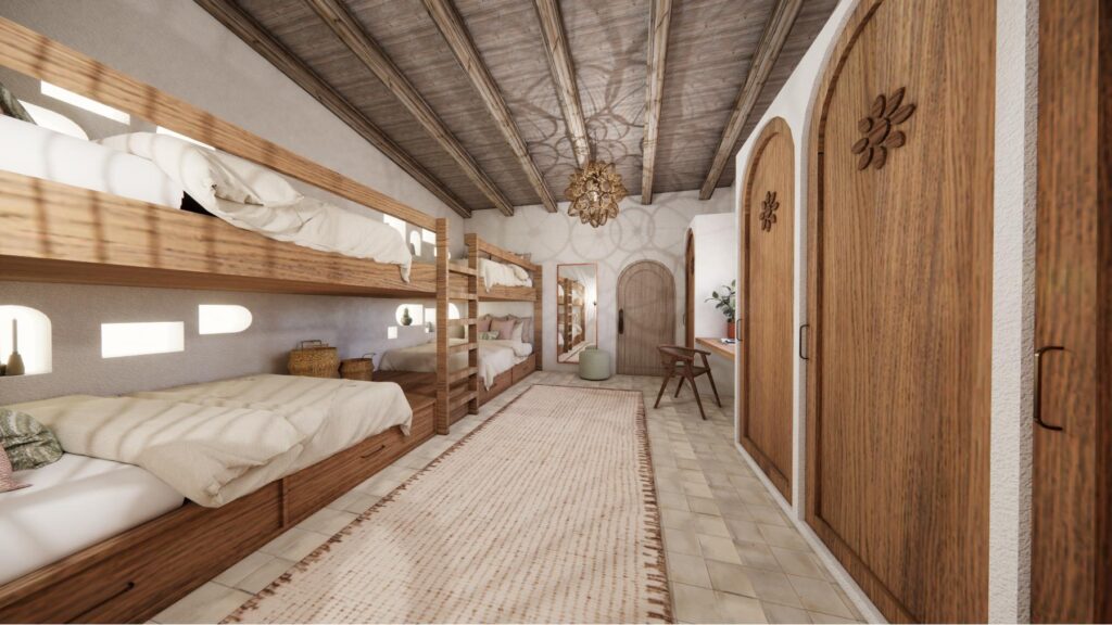 Property renovation in Menorca shown as a 3D render set within a Menorcan villa, with built-in timber bunk beds, arched doors, natural textures and soft neutral finishes.