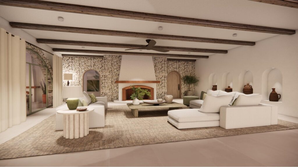 Property renovation in Menorca shown as a 3D render set within a Menorcan villa, with stone walls, exposed beams, arched niches and a calm natural living space.