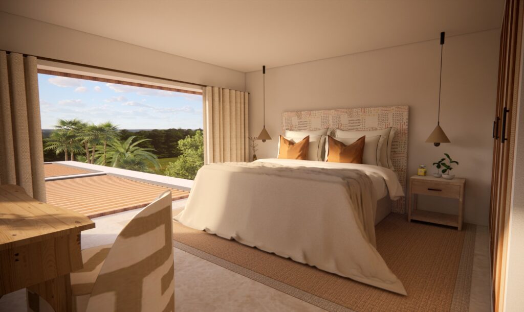 Property renovation in Menorca shown as a 3D render of a calm Menorcan villa bedroom with natural textures, patterned headboard, soft pendant lighting and views across the landscape.